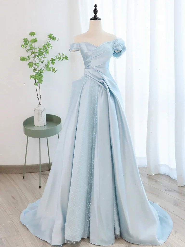 Buyishang A-Line Off Shoulder Satin Tulle Blue Long Prom Dress Blue Long Formal Dress