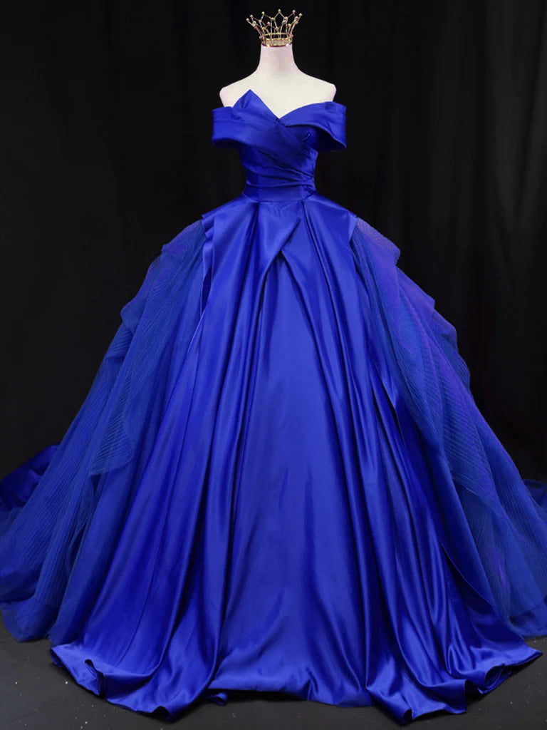 Buyishang Off Shoulder Tulle Satin Blue Long Prom Gown Blue Long Evening Dress