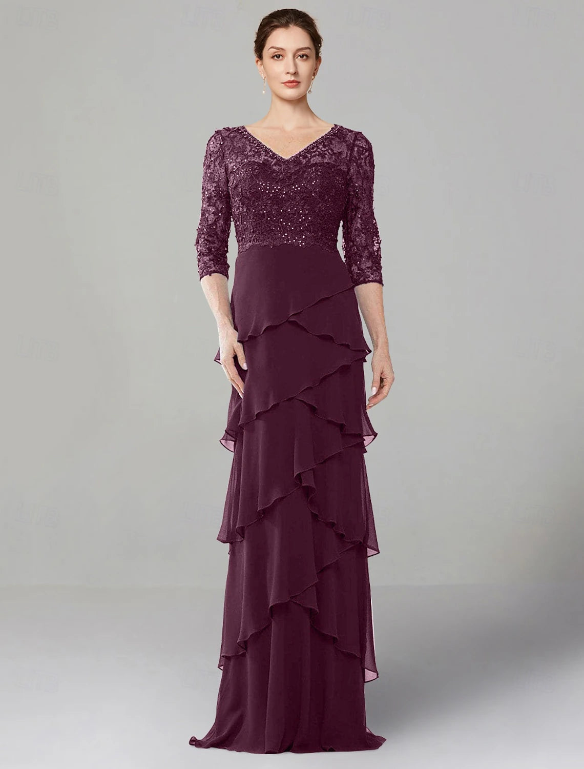 Buyishang Sheath Dress Mother of the Bride Dress Elegant V Neck Floor Length Stretch Chiffon Half Sleeve with Lace Tier Solid Color Christmas Dress