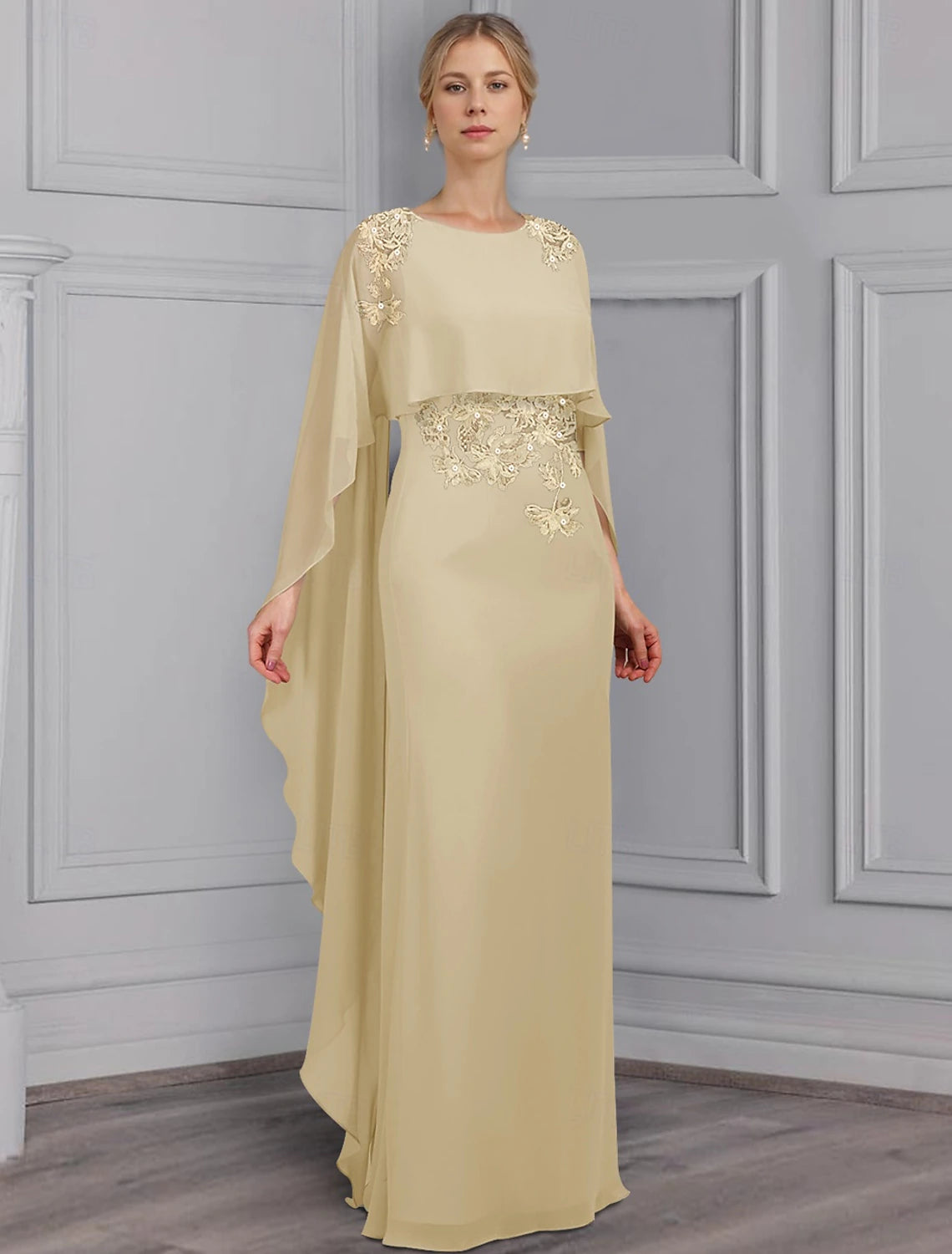Buyishang Sheath / Column Dress Mother of the Bride Dress Elegant Bateau Neck Floor Length Stretch Chiffon Long Sleeve with Lace Tier Flower