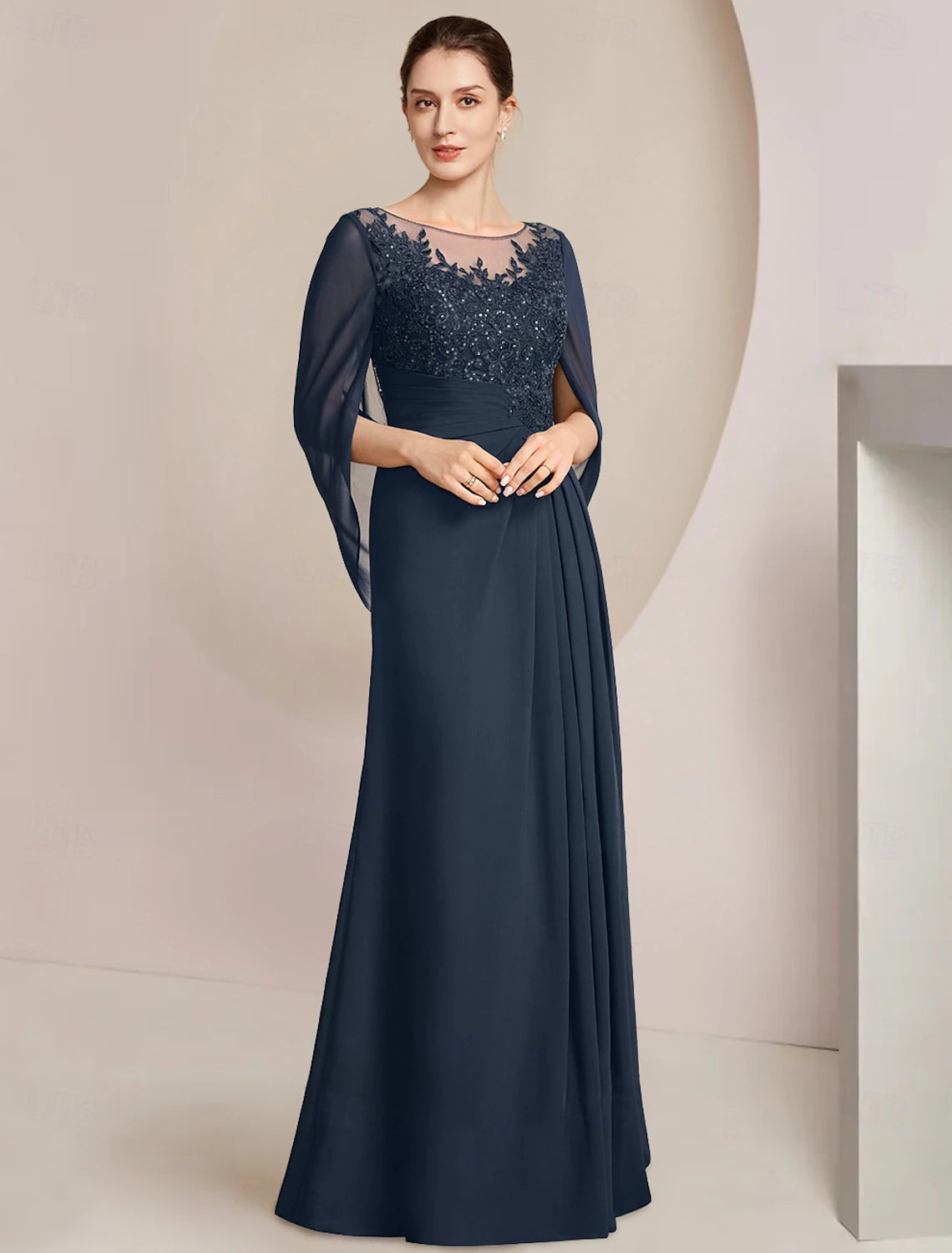Buyishang Sheath / Column Dress Mother of the Bride Dress Elegant Jewel Neck Floor Length Chiffon Half Sleeve with Lace Side-Draped Solid Color free custom size