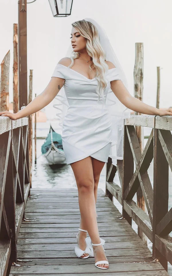 Buyishang Sheath Off-the Shoulder Satin Simple Wedding Dress Sleeveless Short Hemline