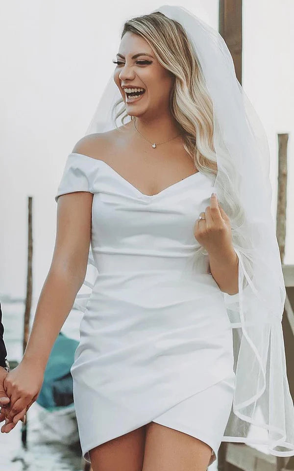 Buyishang Sheath Off-the Shoulder Satin Simple Wedding Dress Sleeveless Short Hemline