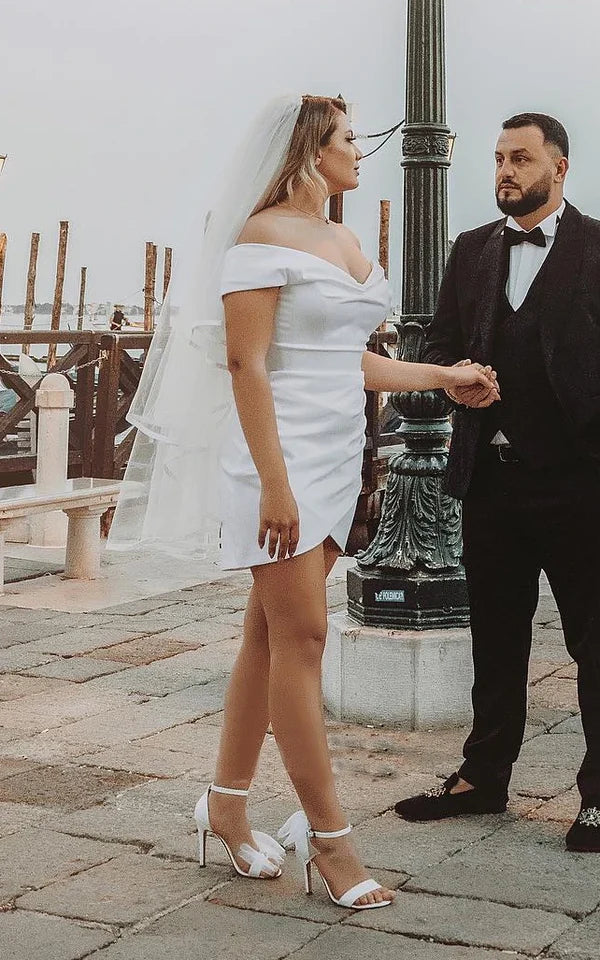 Buyishang Sheath Off-the Shoulder Satin Simple Wedding Dress Sleeveless Short Hemline