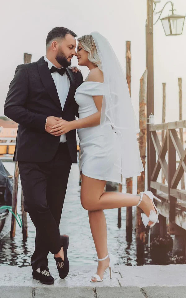 Buyishang Sheath Off-the Shoulder Satin Simple Wedding Dress Sleeveless Short Hemline