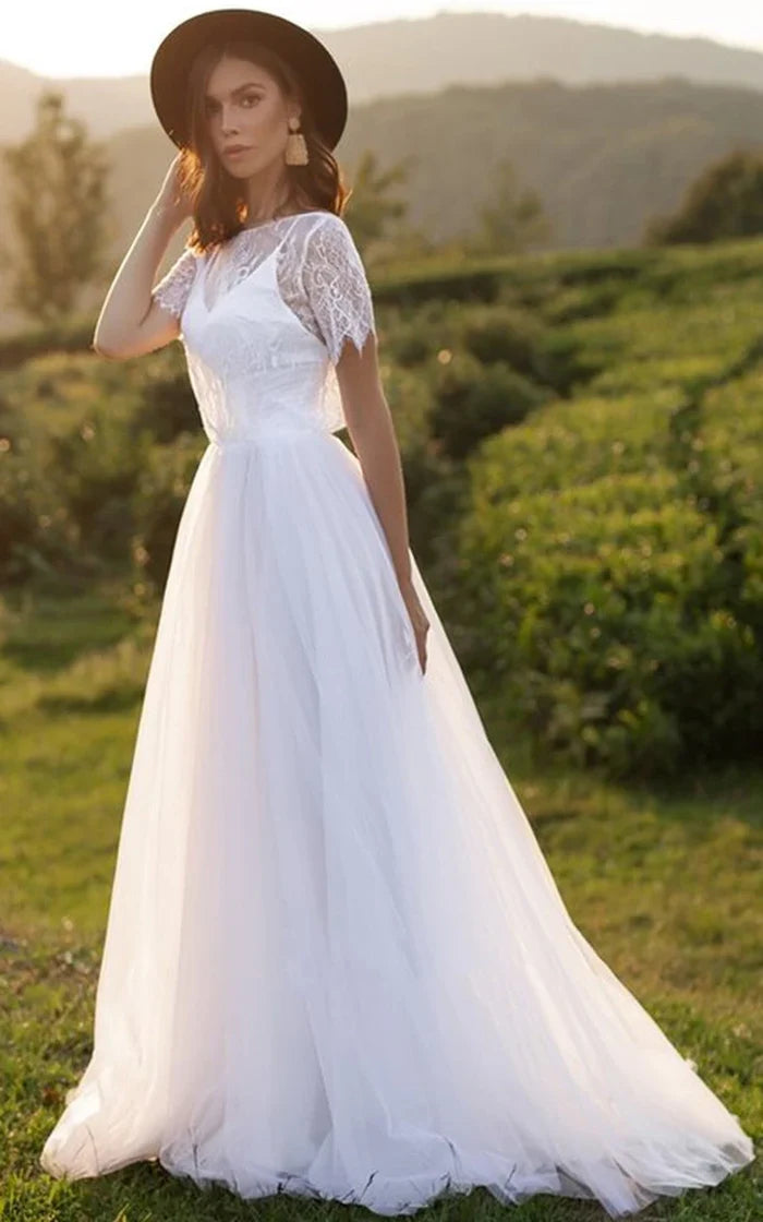 Buyishang Bohemian A Line Lace Tulle Jewel Short Sleeve Wedding Dress with Ruffles