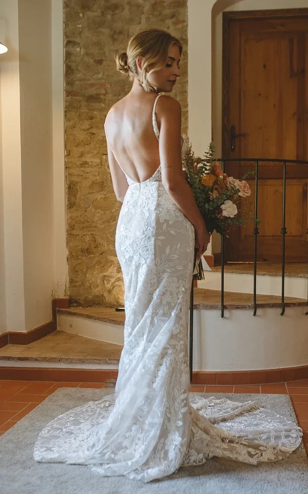 Buyishang Bohemian Full Body Lace Mermaid Sexy Hip Wrap Wedding Dress Spaghetti Straps with Backless