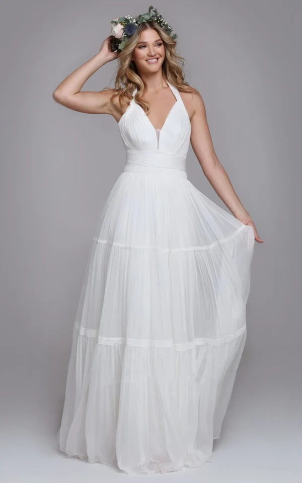 Buyishang Bohemian Halter A Line Tulle Brush Train Wedding Dress with Ruching