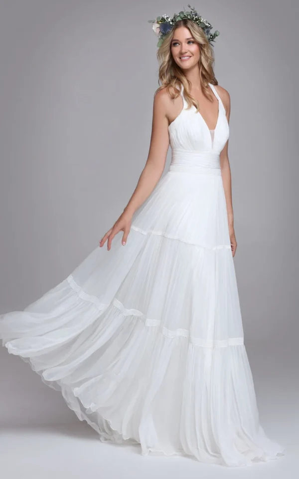 Buyishang Bohemian Halter A Line Tulle Brush Train Wedding Dress with Ruching