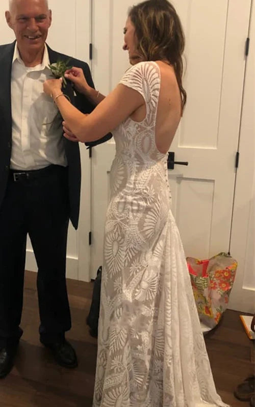 Buyishang Bohemian Mermaid Bateau Neck Floor-length Lace Wedding Dress