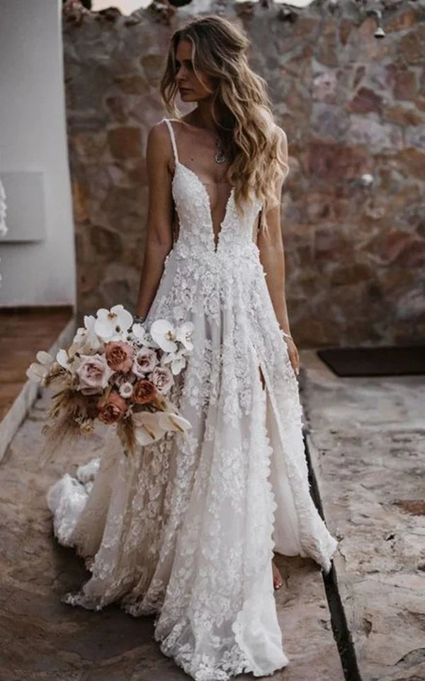 Buyishang Boho A-Line Lace Tulle Sleeveless Wedding Dress with slit Floral Train