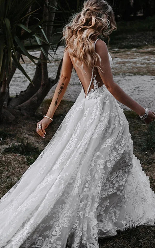 Buyishang Boho A-Line Lace Tulle Sleeveless Wedding Dress with slit Floral Train