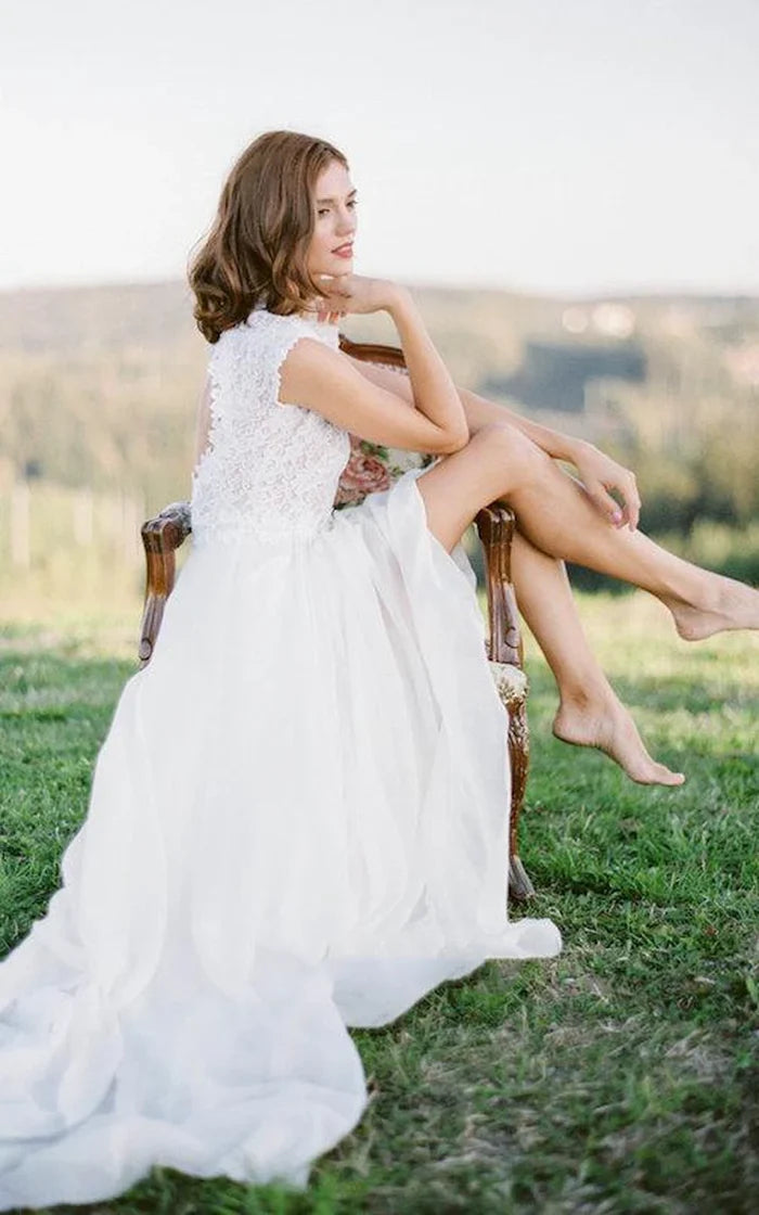 Buyishang Boho Lace Floor-Length Cap Dress With Keyhole Back