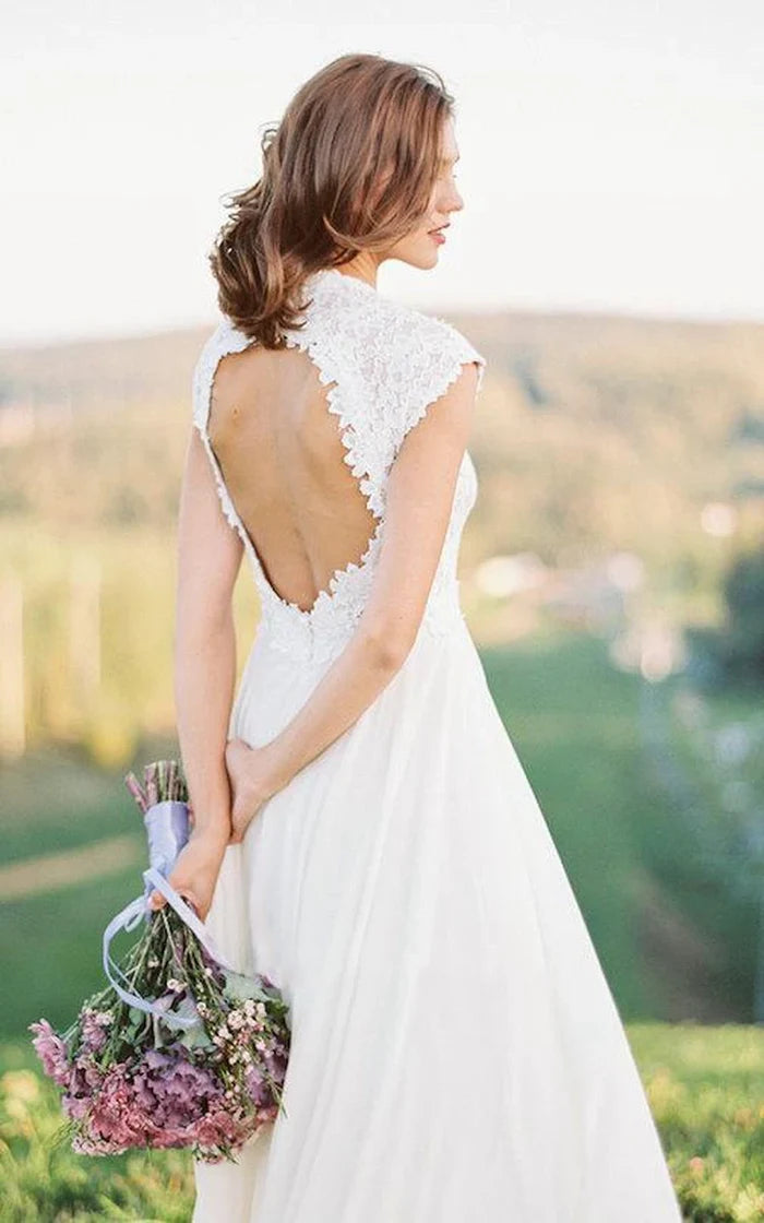 Buyishang Boho Lace Floor-Length Cap Dress With Keyhole Back