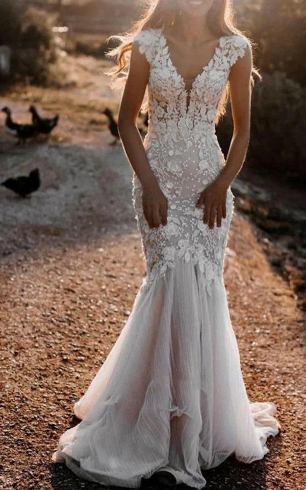 Buyishang Boho Mermaid Wedding Dress Floral V-neck Casual Gown with Open Back and Lace Appliques