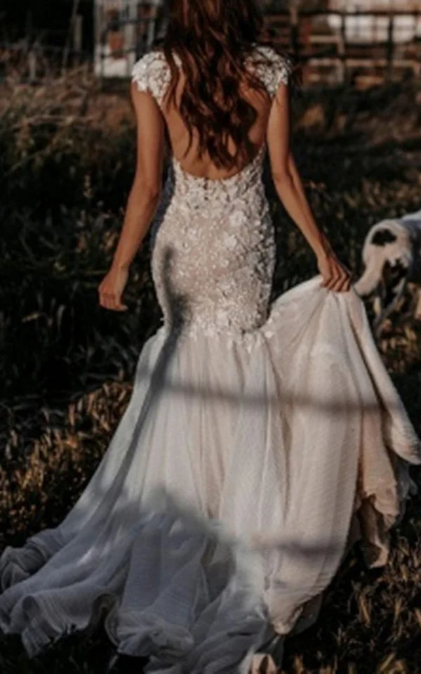 Buyishang Boho Mermaid Wedding Dress Floral V-neck Casual Gown with Open Back and Lace Appliques