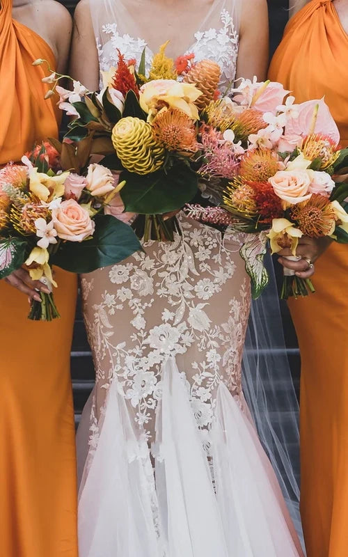 Buyishang Boho Mermaid Vintage Beach V-neck Ethereal Fairy Wedding Dress with Lace Appliques