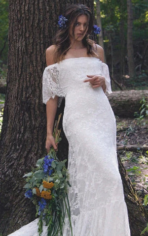 Buyishang Boho Off-Shoulder Sheath Scalloped Lace Wedding Dress With Long Train