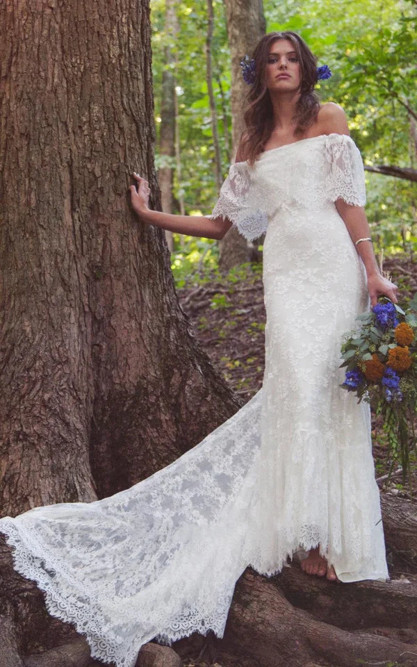Buyishang Boho Off-Shoulder Sheath Scalloped Lace Wedding Dress With Long Train