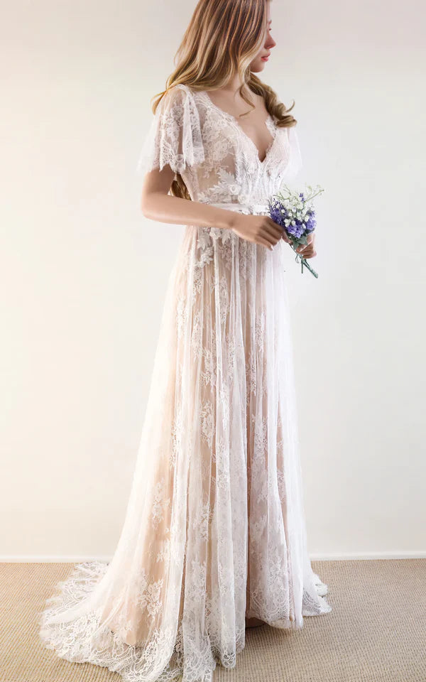 Buyishang Boho V-neck Beach A-line Country Elegant Lace Petals Illusion Bell Wedding Dress with Train