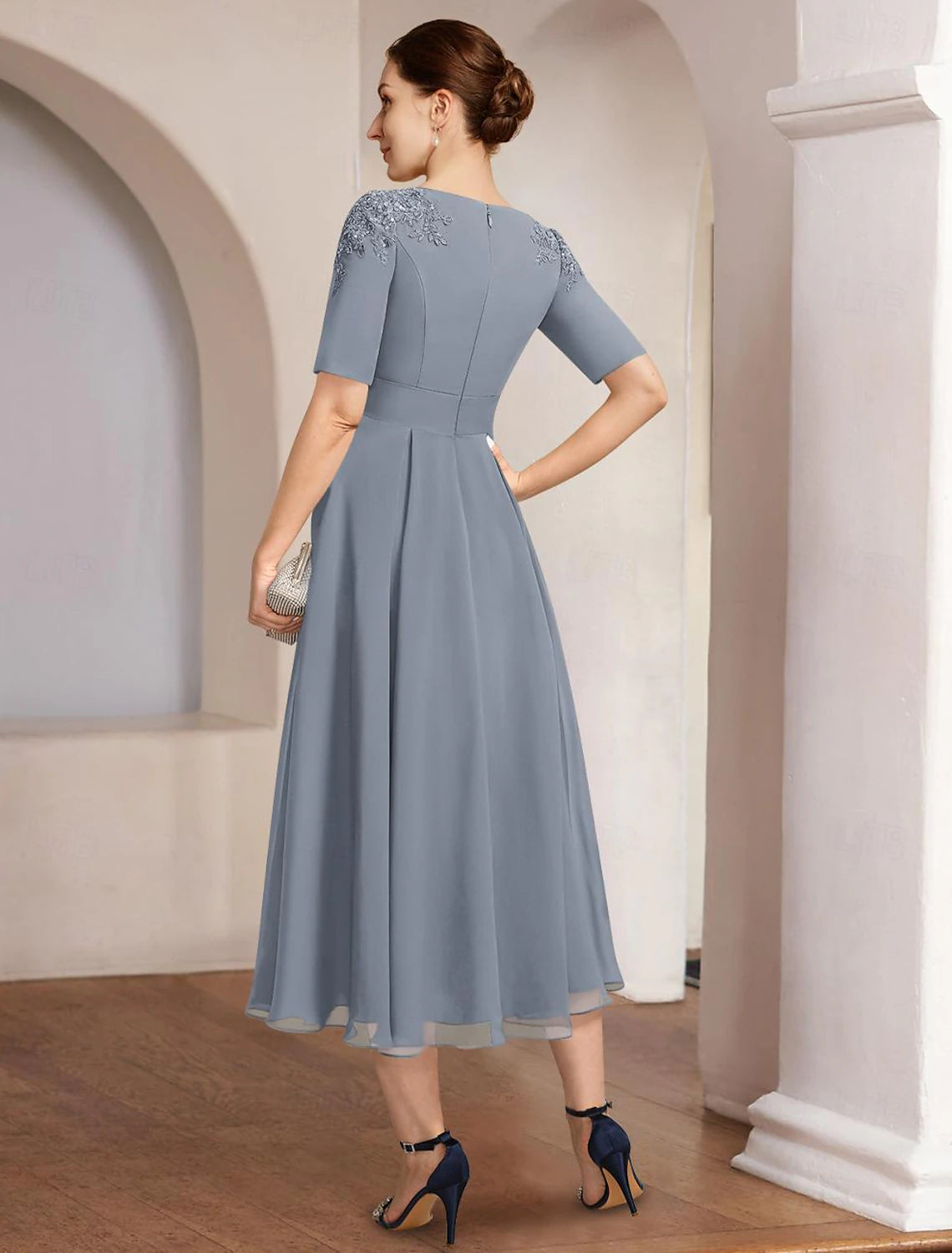 Buyishang A-Line Mother of the Bride Dress Formal Elegant Bateau Neck Tea Length Chiffon Half Sleeve with Lace free custom size