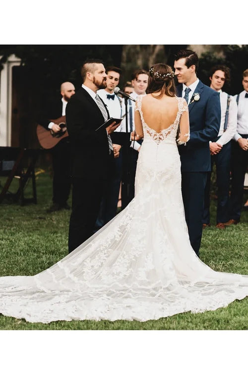 Buyishang Brilliant Lace Bohemian Deep-V Back Cathedral Train Wedding Dress