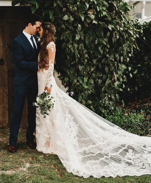 Buyishang Brilliant Lace Bohemian Deep-V Back Cathedral Train Wedding Dress