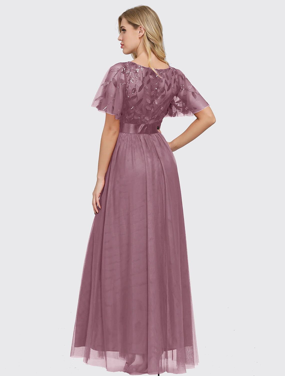 A-Line Empire Elegant Party Wear Prom Dress Jewel Neck Short Sleeve Floor Length Tulle with Embroidery / Illusion Sleeve