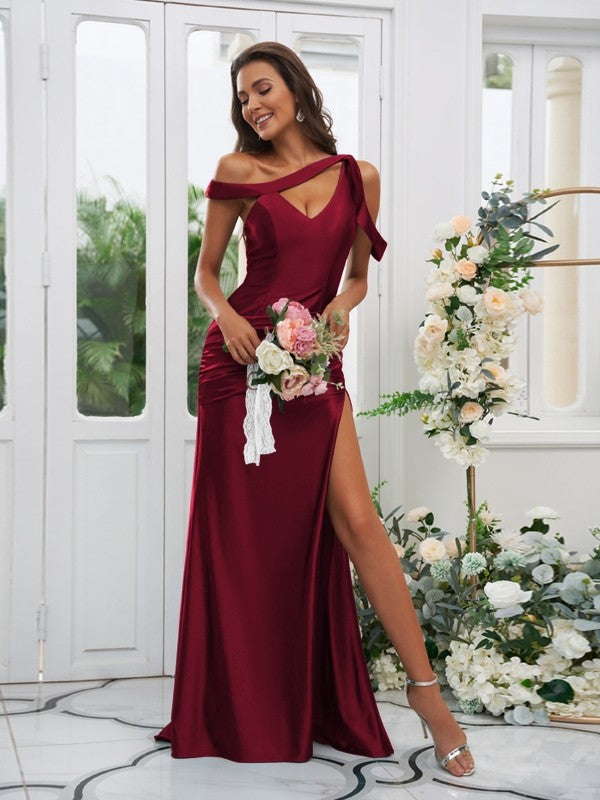 Sheath/Column Polyester Ruched Off-the-Shoulder Sleeveless Sweep/Brush Train Bridesmaid Dresses