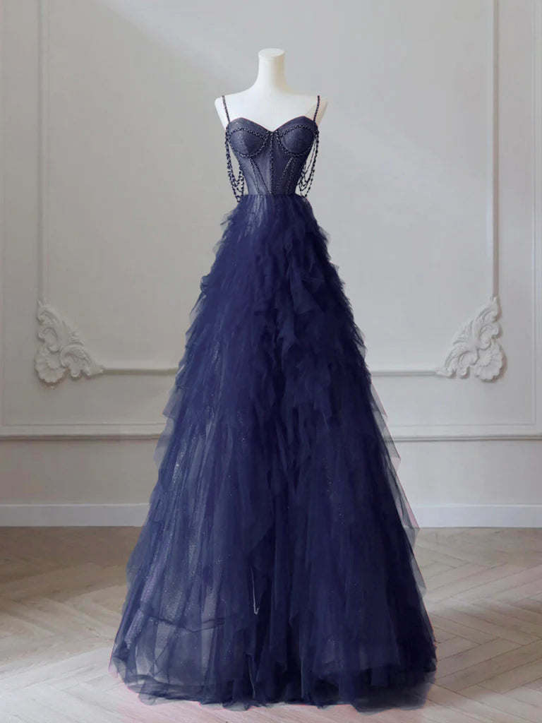 Buyishang A-Line Sweetheart Neck Tulle Dark Blue Long Prom Dress Dark Blue Long Graduation Dress with Beads