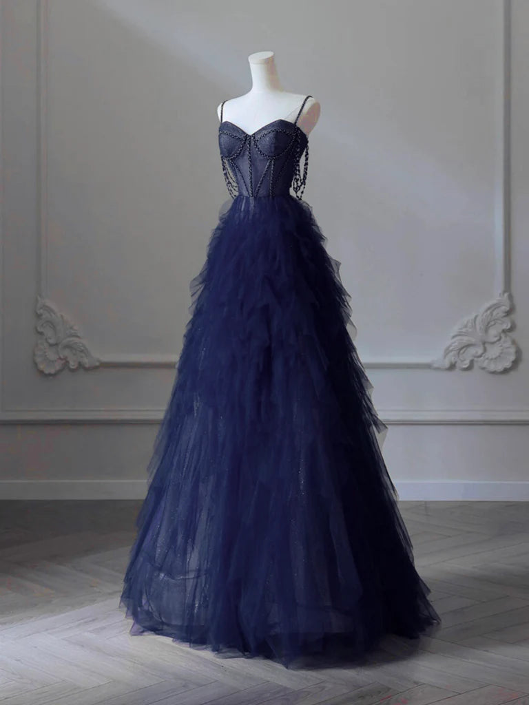 Buyishang A-Line Sweetheart Neck Tulle Dark Blue Long Prom Dress Dark Blue Long Graduation Dress with Beads