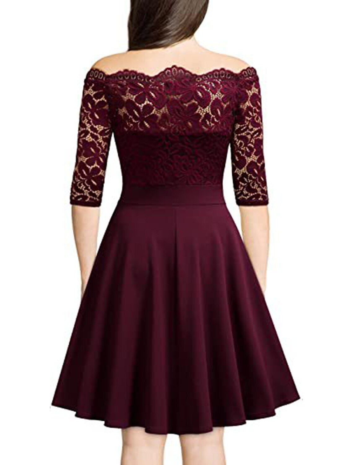Women's Party Dress Lace Dress Wedding Guest Dress Midi Dress Wine Dark Blue Half Sleeve Pure Color Lace Spring Fall Winter Off Shoulder Fashion Winter Dress Wedding Guest Evening Party
