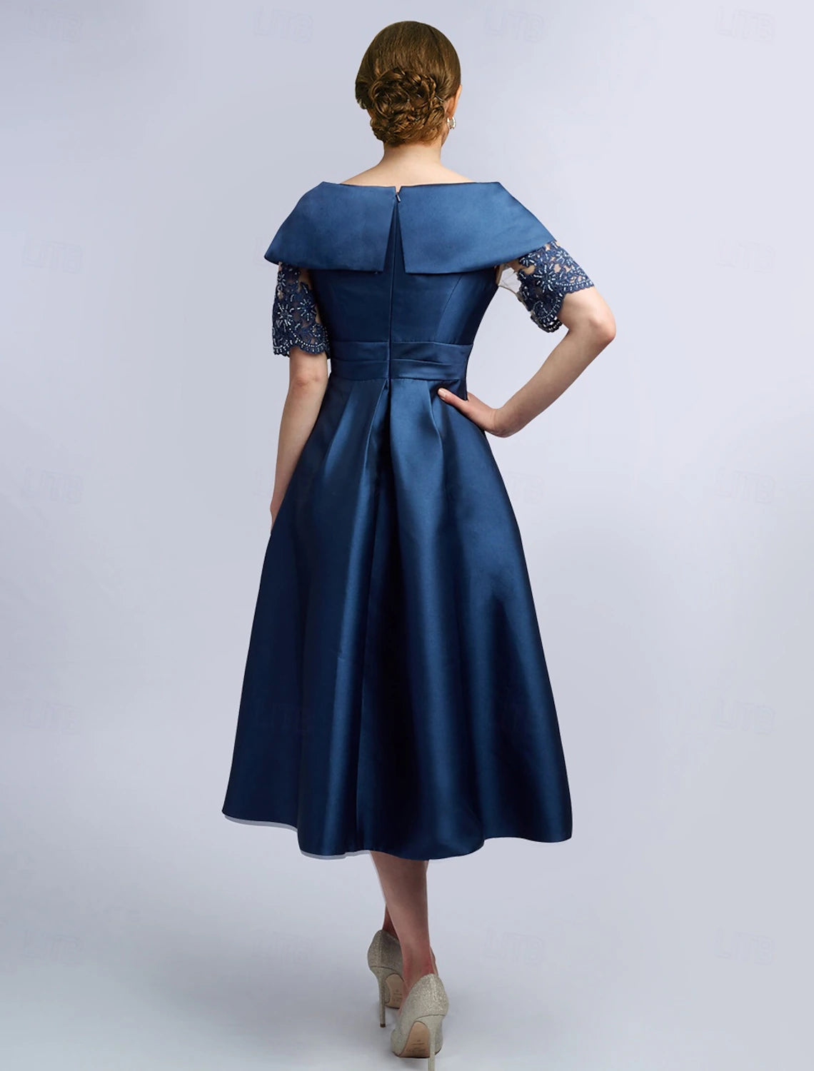 Buyishang A-Line Dress Mother of the Bride Dress Elegant Vintage V Neck Tea Length Satin Half Sleeve with Lace Criss Cross free custom size