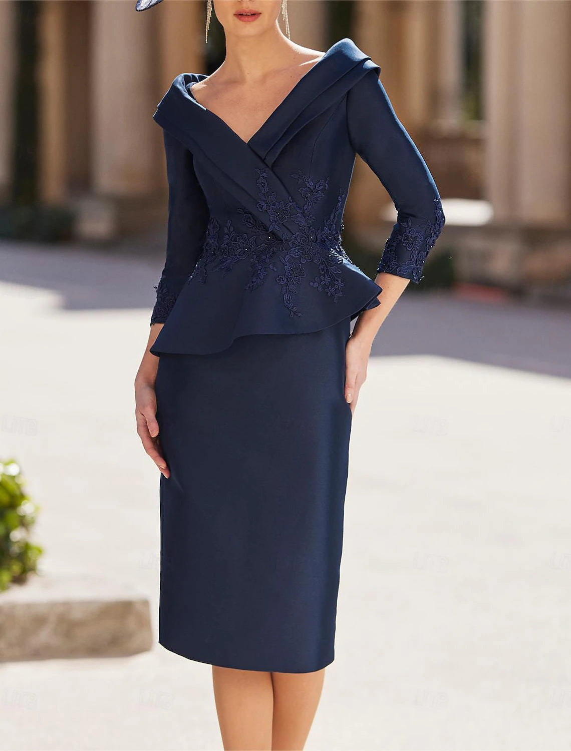 Buyishang Sheath Mother of the Bride Dress Formal Wedding Guest Elegant Vintage V Neck Tea Length Satin 3/4 Length Sleeve with Appliques free custom size