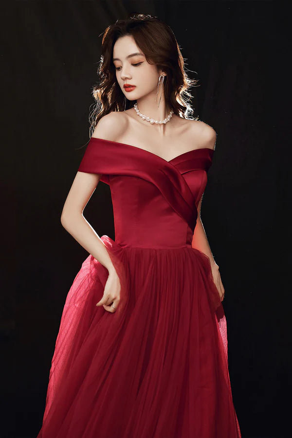 Burgundy Off the Shoulder Tulle Long Prom Dress A-Line Evening Party Dress