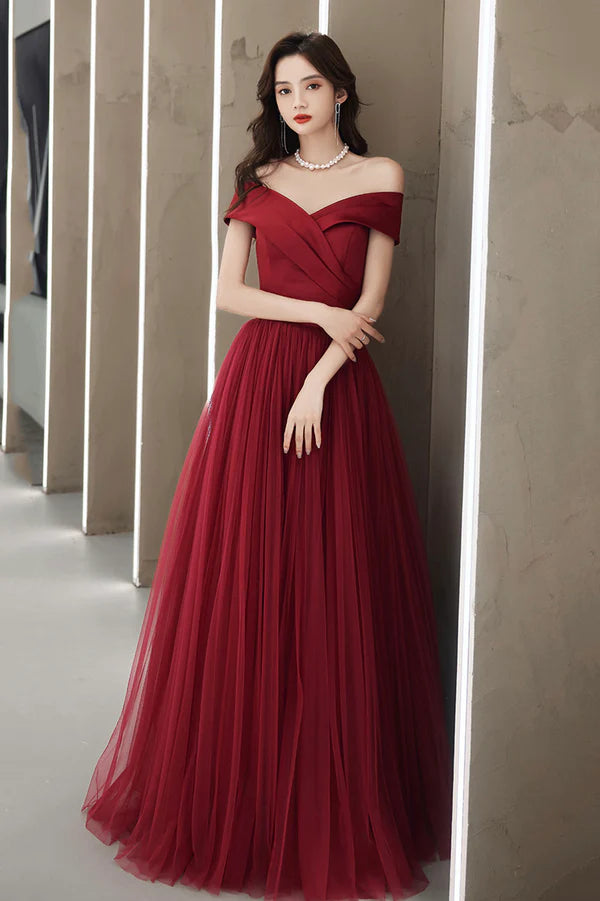 Burgundy Off the Shoulder Tulle Long Prom Dress A-Line Evening Party Dress