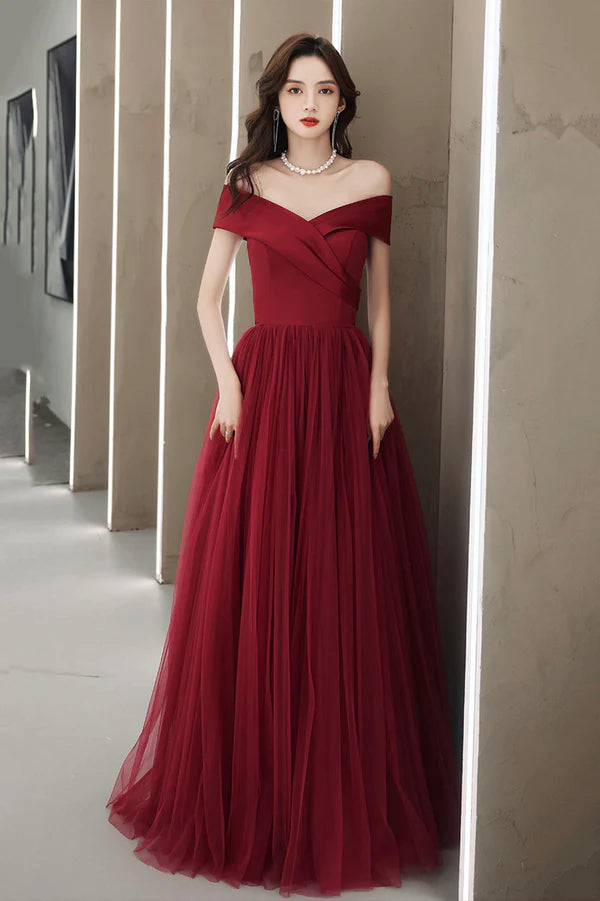 Burgundy Off the Shoulder Tulle Long Prom Dress A-Line Evening Party Dress