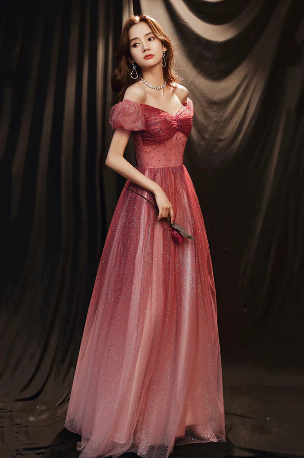 Burgundy Tulle with Beaded A-Line Party Dress Off the Shoulder Evening Dress