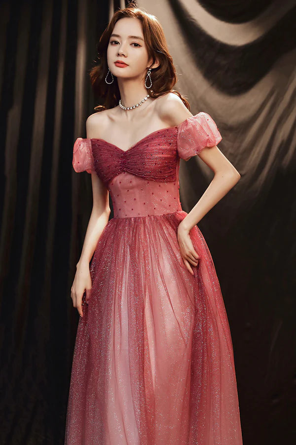 Burgundy Tulle with Beaded A-Line Party Dress Off the Shoulder Evening Dress