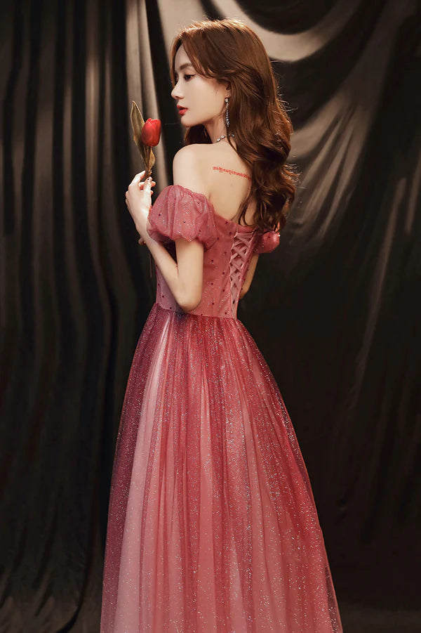 Burgundy Tulle with Beaded A-Line Party Dress Off the Shoulder Evening Dress