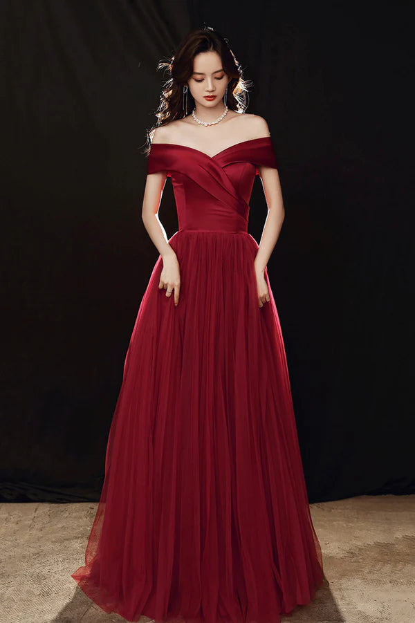 Burgundy Off the Shoulder Tulle Long Prom Dress A-Line Evening Party Dress