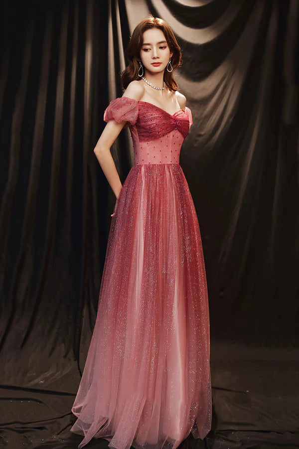 Burgundy Tulle with Beaded A-Line Party Dress Off the Shoulder Evening Dress
