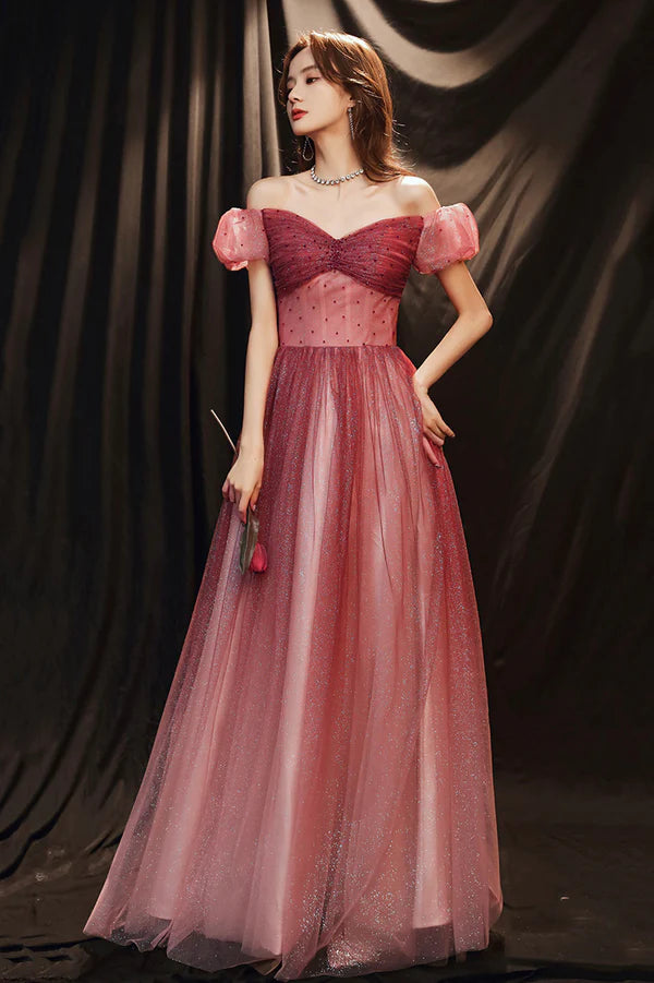Burgundy Tulle with Beaded A-Line Party Dress Off the Shoulder Evening Dress