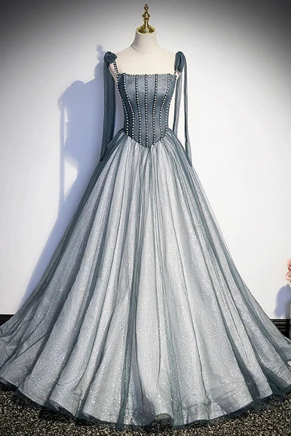 Gray Tulle Long A-Line Prom Dress with Beaded Spaghetti Straps Gray Evening Dress
