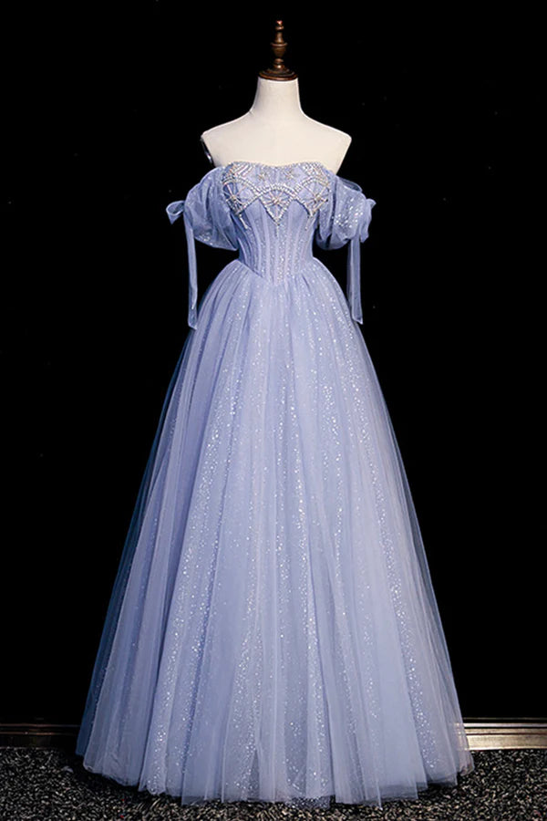 Blue Tulle Beaded Long Prom Dress A-Line Blue Evening Party Dress