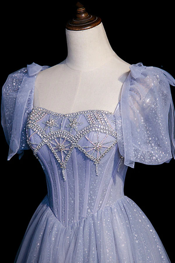 Blue Tulle Beaded Long Prom Dress A-Line Blue Evening Party Dress