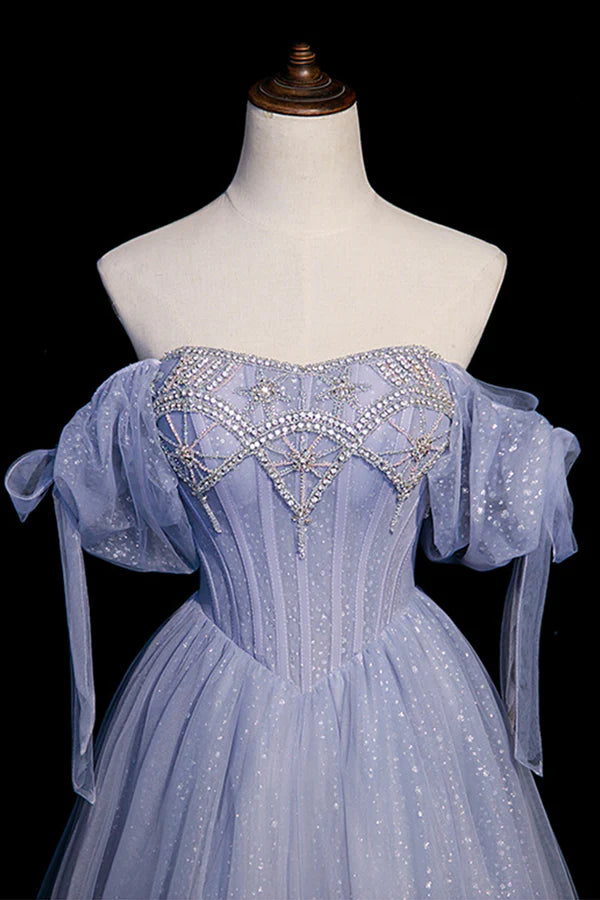 Blue Tulle Beaded Long Prom Dress A-Line Blue Evening Party Dress