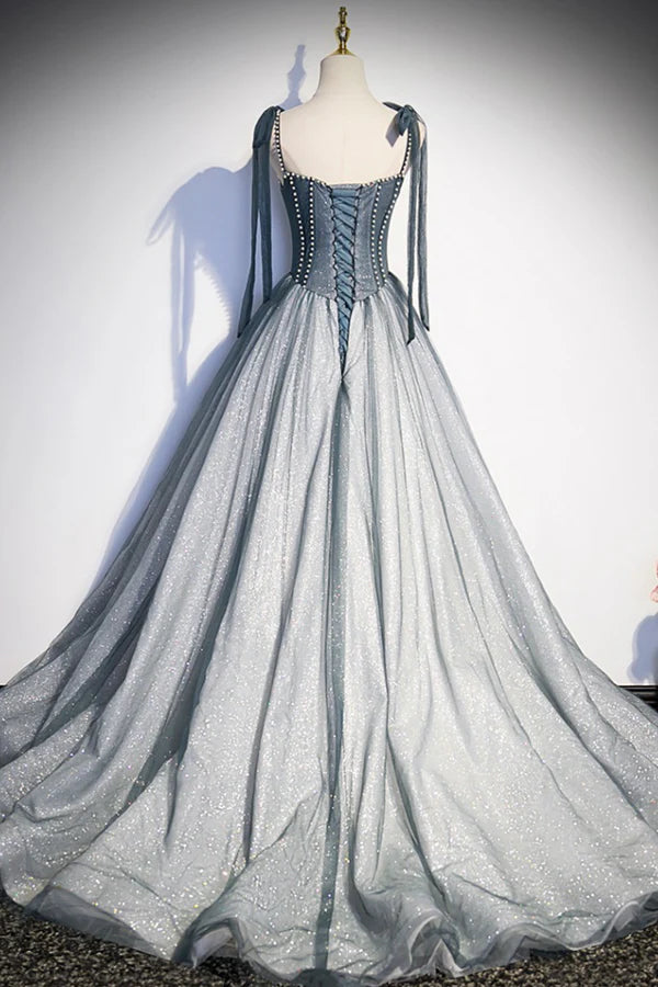 Gray Tulle Long A-Line Prom Dress with Beaded Spaghetti Straps Gray Evening Dress