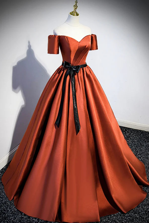 Simple Satin Long Prom Dress Short Sleeve A-Line Evening Party Dress