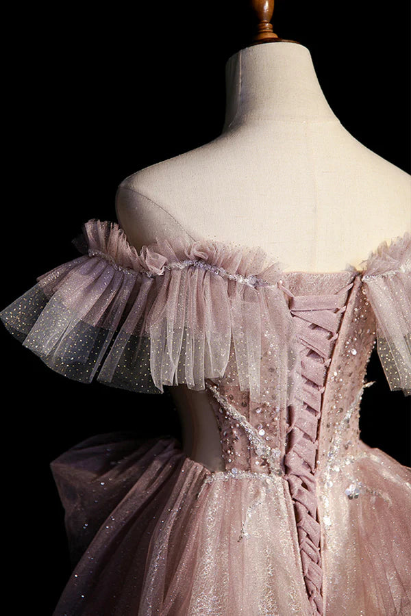 Pink Sequins Long A-Line Prom Dress Off the Shoulder Evening Party Dress